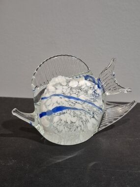 Vintage Hand Blown Art Glass Angelfish Paperweight - Blue & White Sommerso Style